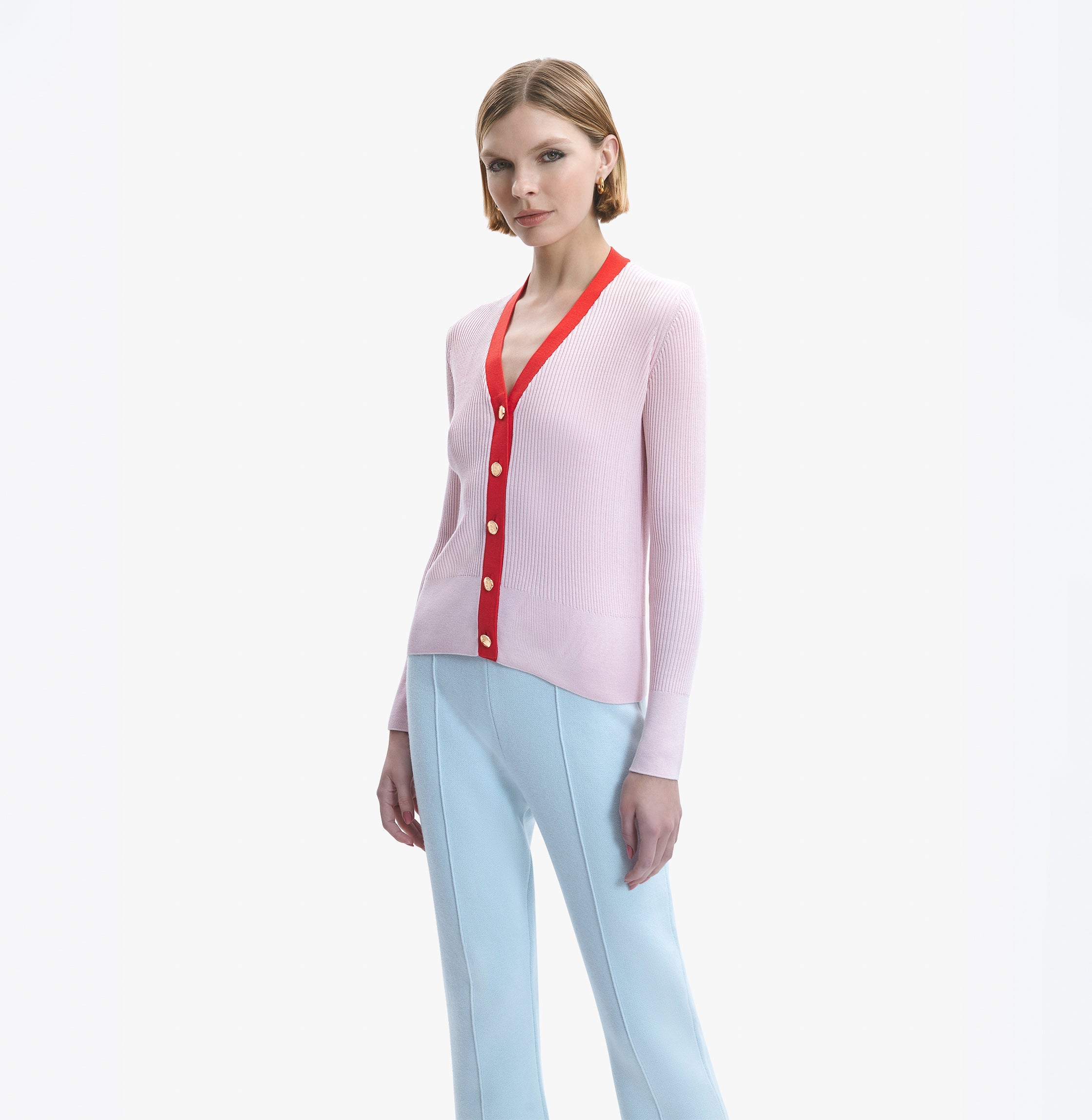Charlotte Cardigan V Neck 3/4 Sleeve Silk Cashmere_Eden Rose White_White Sky  Blue