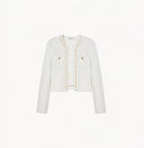 Women's cropped boucle jacket in white.