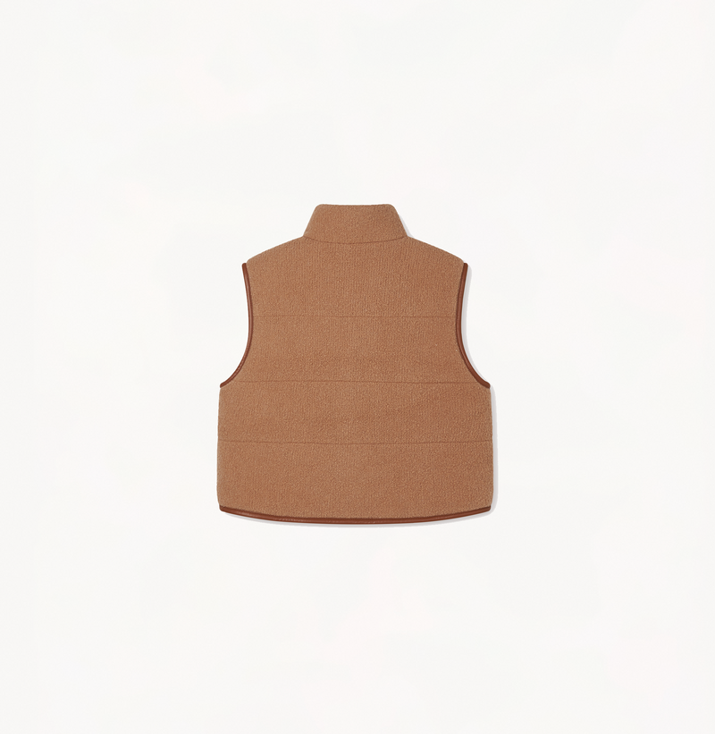 Women's quilted vest with a stand collar in camel.