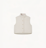 Women's quilted vest with a stand collar in oatmeal.