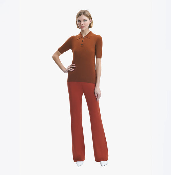 Womens wool and silk knit polo shirt in burgundy.