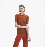 Womens wool and silk knit polo shirt in burgundy.