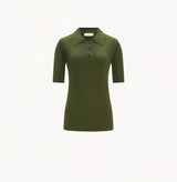 Womens wool and silk knit polo shirt in green.