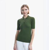 Womens wool and silk knit polo shirt in green.