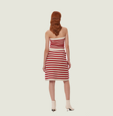 Wool bandeau top in red and white jacquard stripes. rear-view