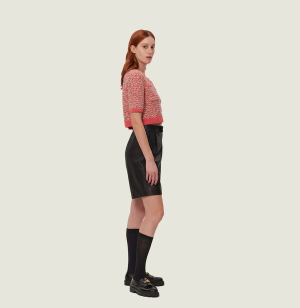 Wool boucle cardigan sweater in watermelon with short sleeve. right-view