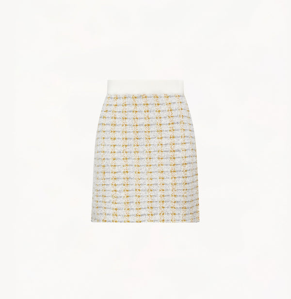 Wool boucle mini skirt in gingham green grey.