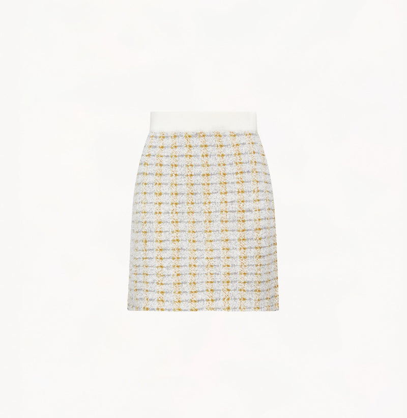 Wool boucle mini skirt in gingham green grey.