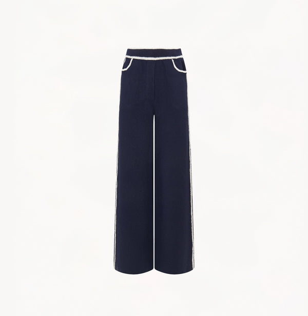 Wool high waisted wide leg pants in navy.