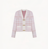 Wool collared jacket in gingham pink orange white jacquard.