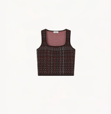 Wool jacquard top in gingham brown orange white.