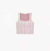 Wool jacquard top in gingham pink orange white.