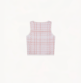 Wool jacquard top in gingham pink orange white.