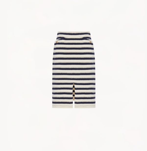 Wool long skirt with slit in blue and white jacquard stripes.