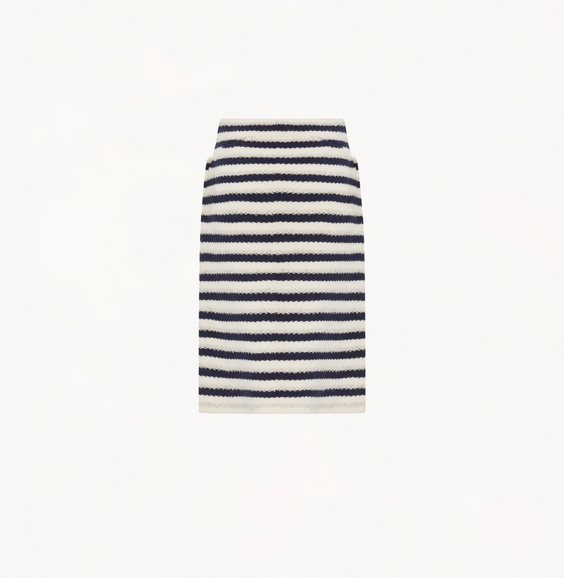 Wool long skirt with slit in blue and white jacquard stripes.