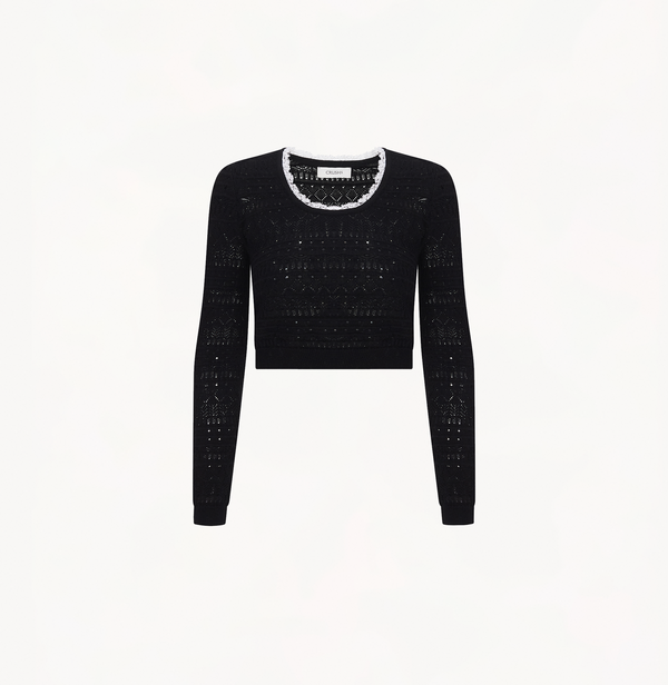 Wool long-sleeve top with lace in black.