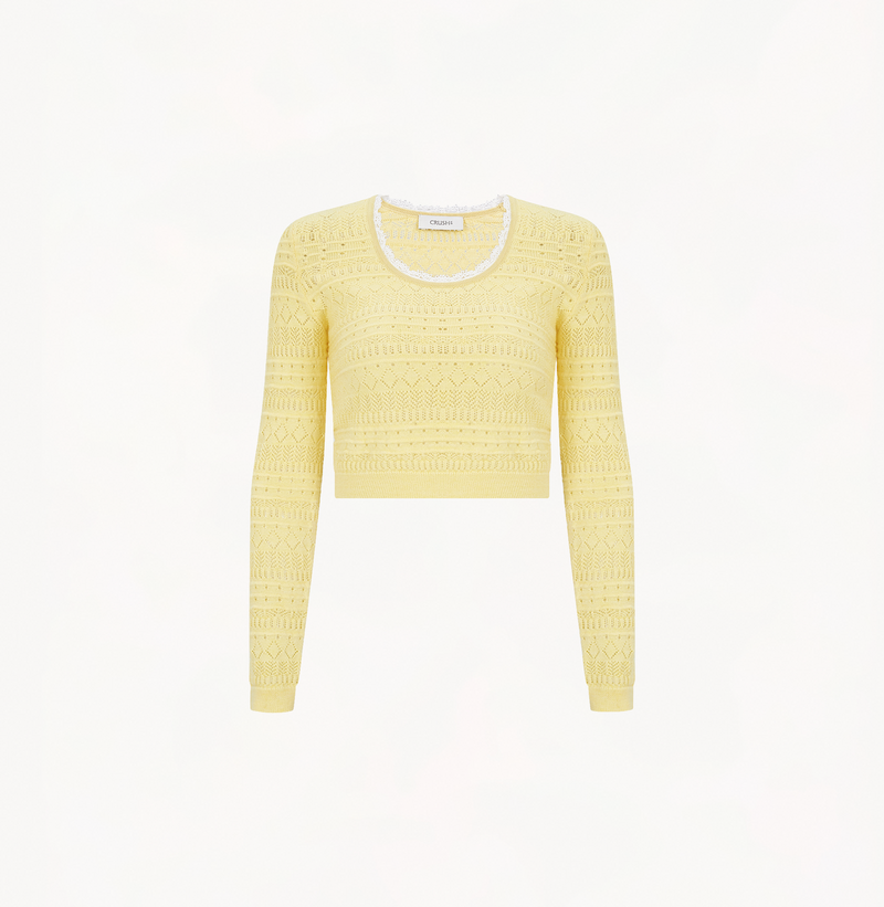 Wool long-sleeve top with lace in yellow.