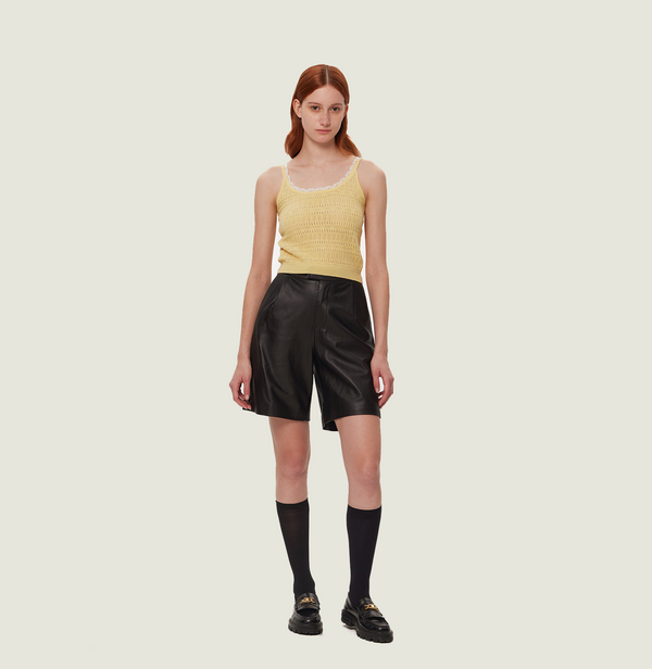 Wool pointelle tank top in yellow jacquard. front-view