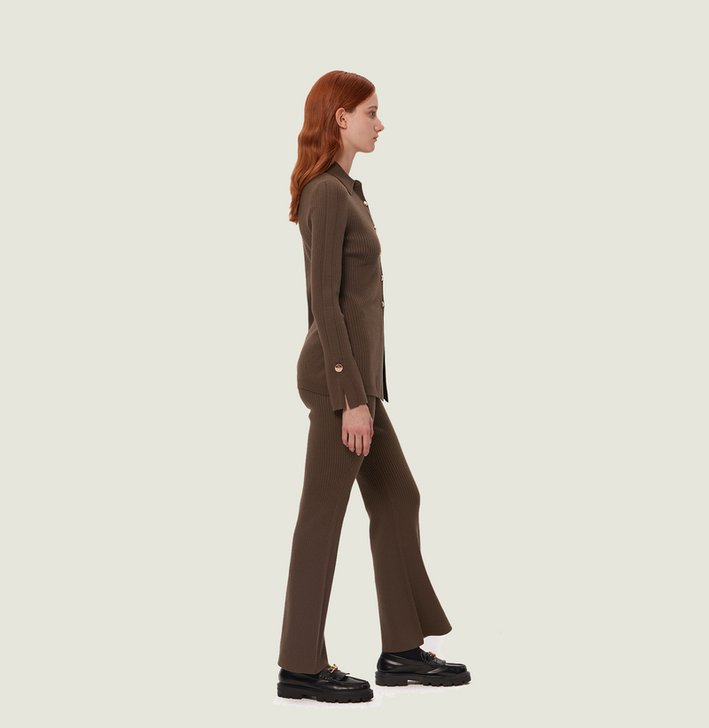 Wool ribbed pants in army green with flared legs. right-view