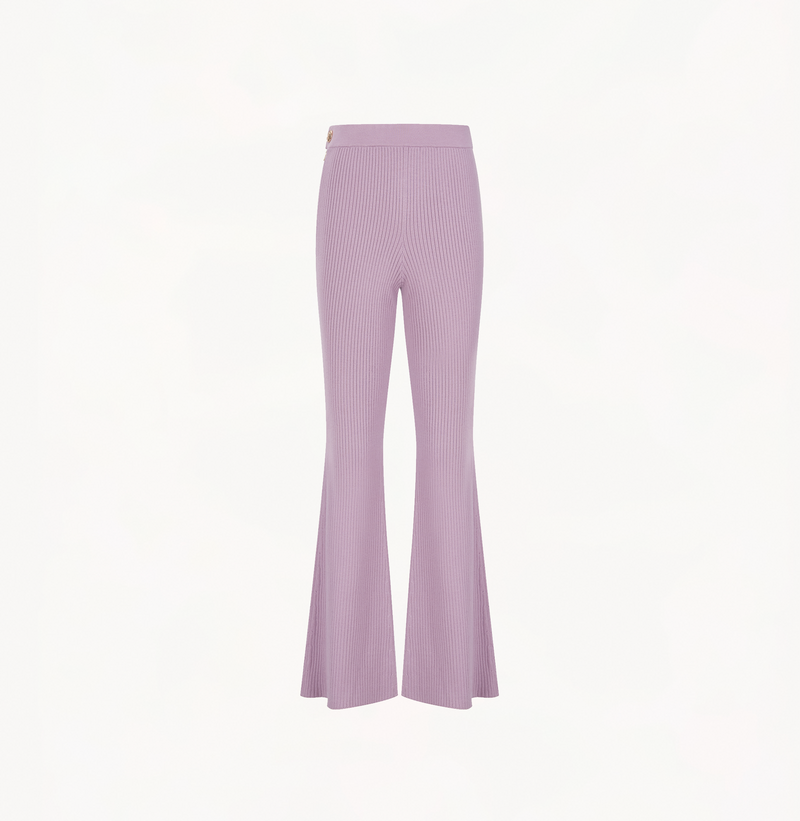 Wool ribbed pants in purple grey with flared legs.