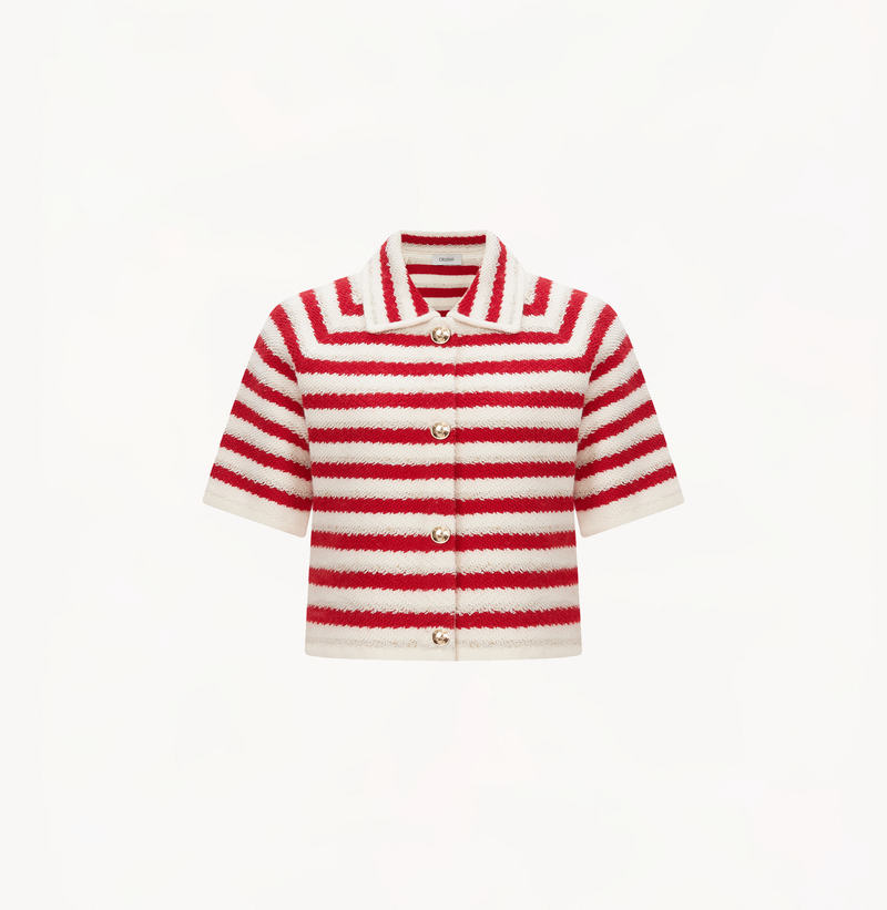 Wool short sleeve cropped cardigan in red and white jacquard stripes.