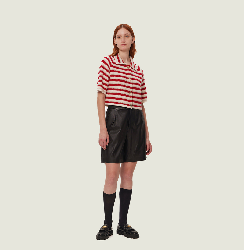 Wool short sleeve cropped cardigan in red and white jacquard stripes. left-view
