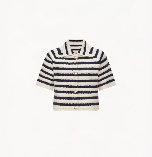Wool short sleeve cropped cardigan in blue and white jacquard stripes.