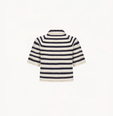 Wool short sleeve cropped cardigan in blue and white jacquard stripes.