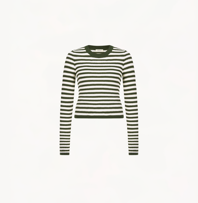 Wool striped long sleeve top in grass green and white. 