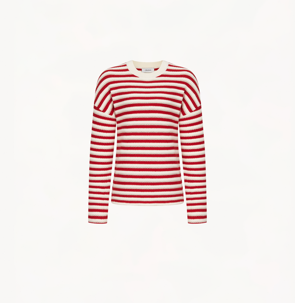 Wool stripped sweater in red and white jacquard stripes.