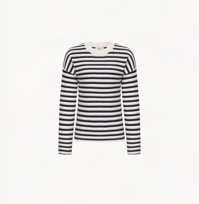 Wool stripped sweater in blue and white jacquard stripes.