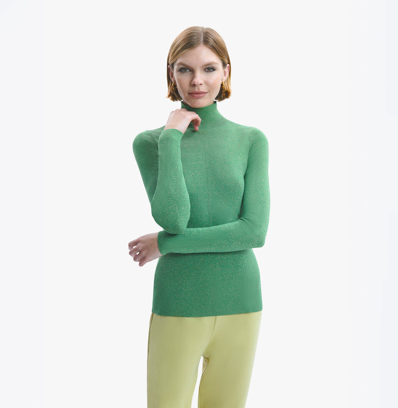 Merino wool metallic long sleeve top in green.