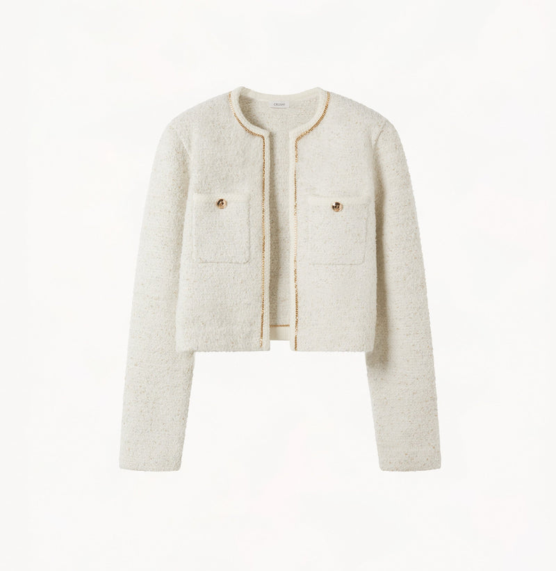 Tweed wool crewneck cardigan in white.